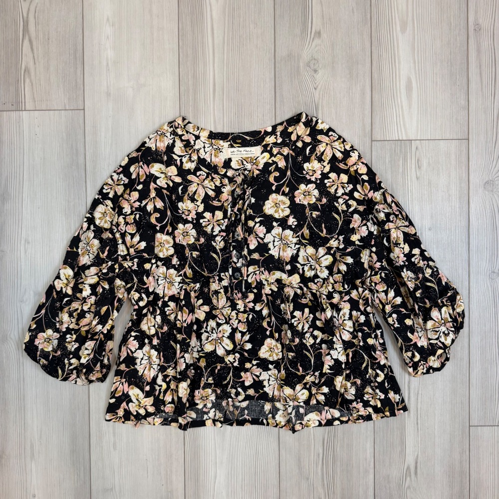 We The Free Free People Floral Babydoll Top Henley Tie Neck Black Medium